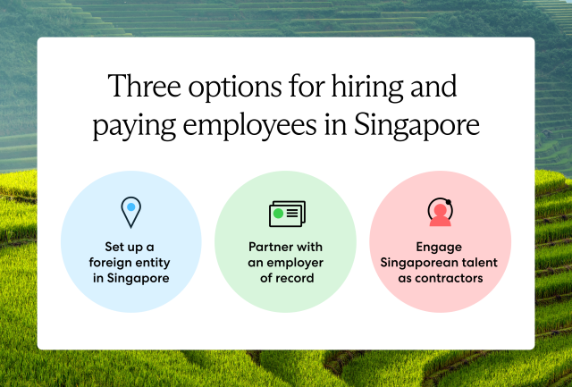 Global employers hiring employees in Singapore can set up a local entity, partner with an EOR, or engage contractors in Singapore.