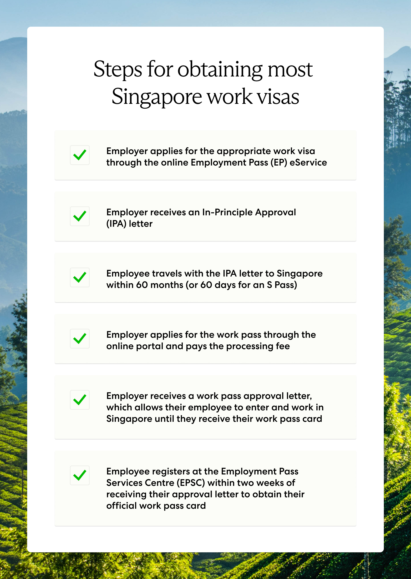 List of key steps for obtaining a Singapore work visa