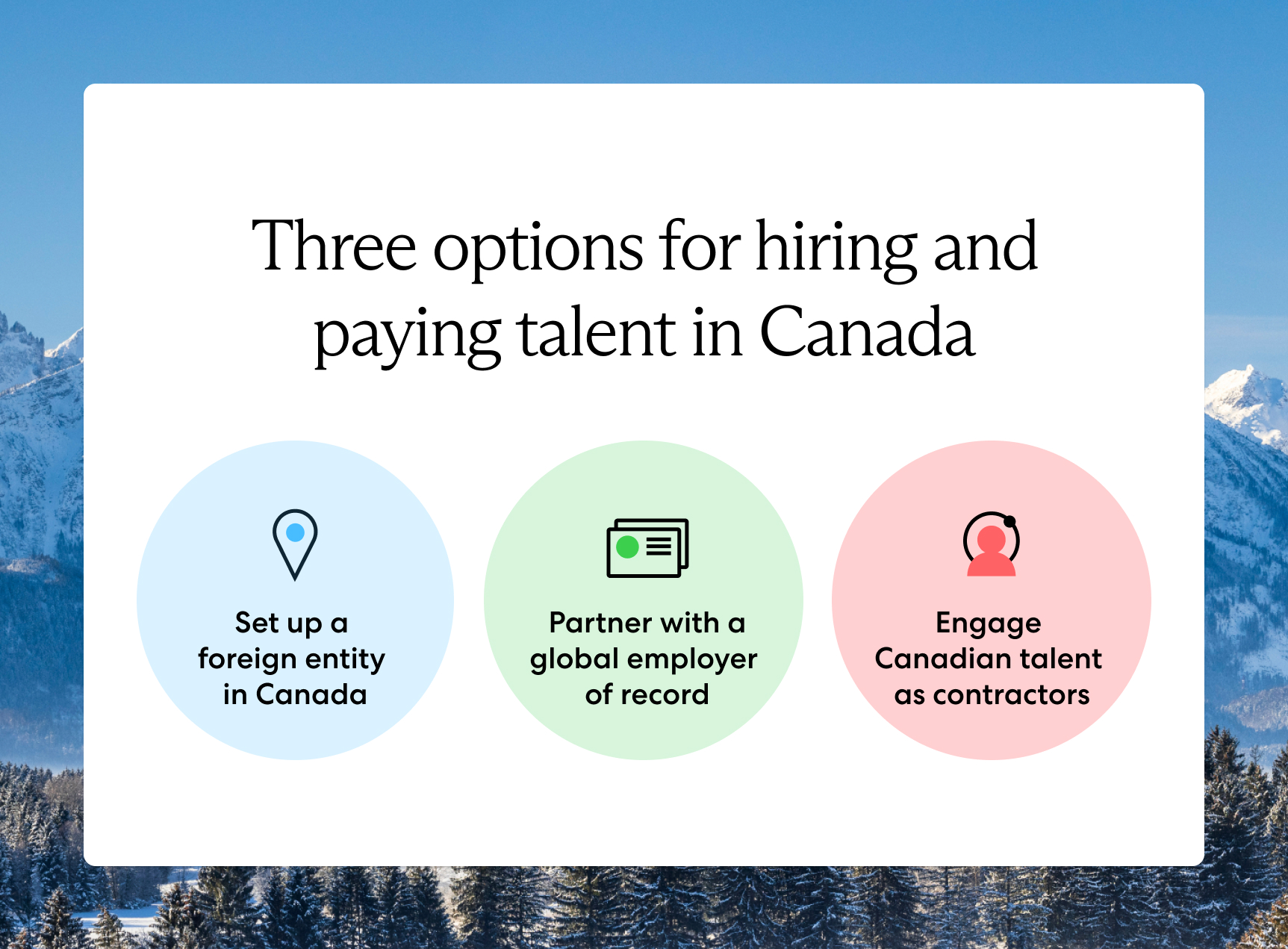 Three options for hiring and paying in canada include setting up a foreign entity, working with an EOR, or hiring contractors