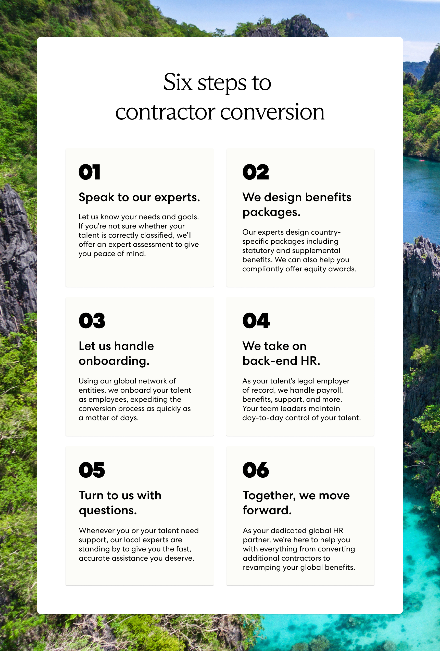 Velocity Global handles all steps of contractor conversion, from classification to onboarding, benefits, payroll, and ongoing support