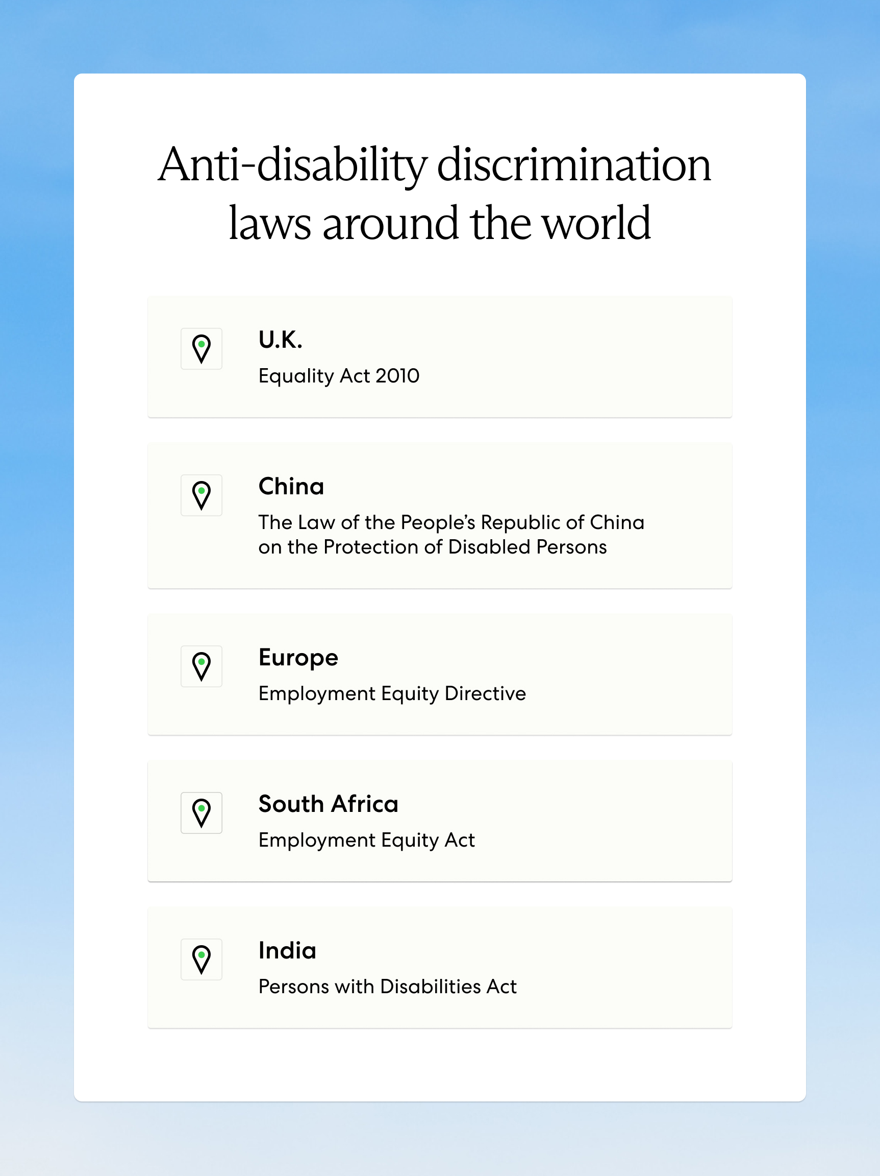 Anti-disability discrimination laws around the world - Equality Act 2010 (U.K.), The Law of the People's Republic of China on the Protection of Disabled Persons (China), Employment Equity Directive (Europe), Employment Equity Act (South Africa), and the Persons with Disabilities Act (India) 