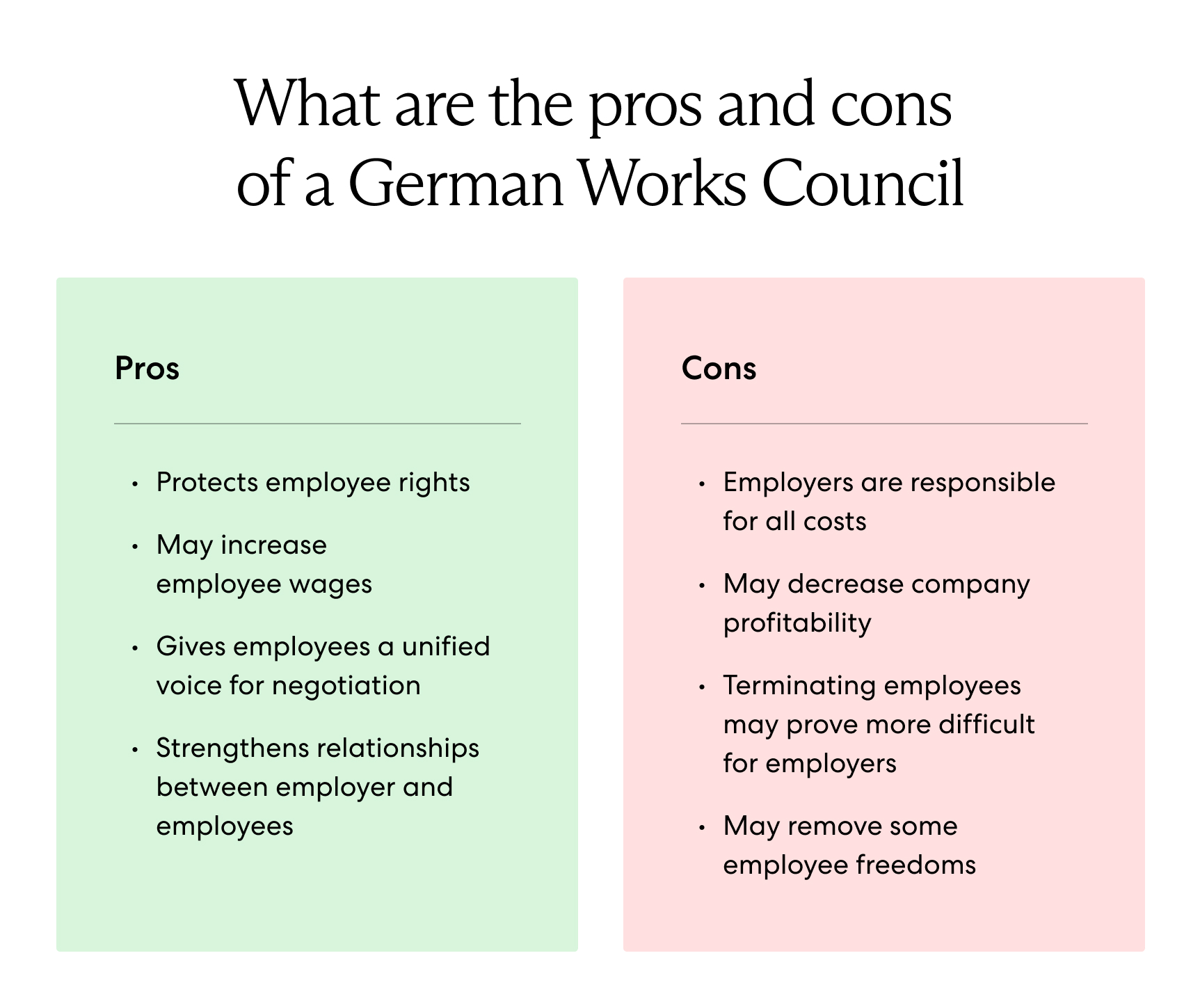 Graphic chart listing the pros and cons of a German works council.