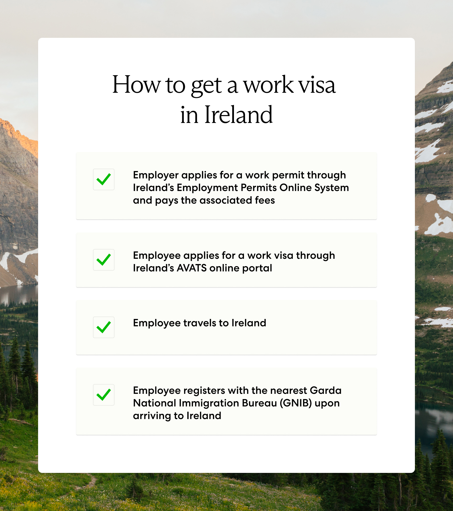 Steps for obtaining an Ireland work visa include applying for a work permit and travel visa and registering for a residence permit