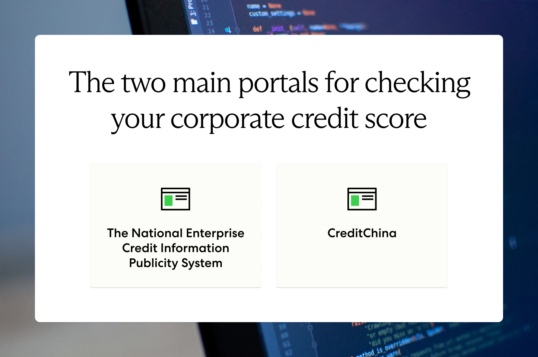 The two main portals Chinese businesses use to check their corporate social credit score are CreditChina and NECIPS