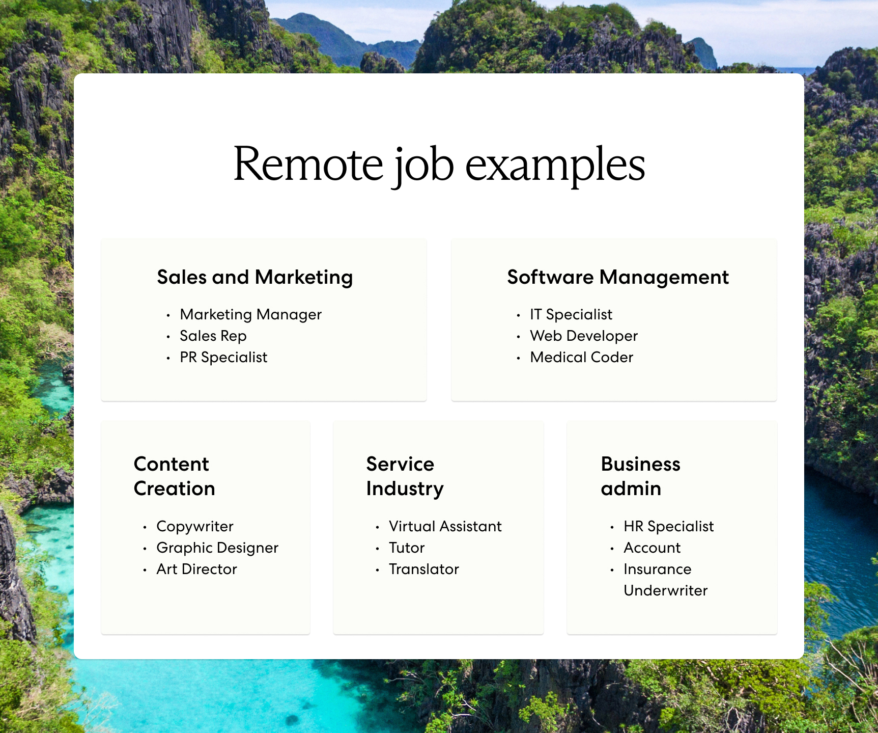 Graphic of remote job examples. Jobs include sales and marketing, software management, content creation, service industry, and business admin.