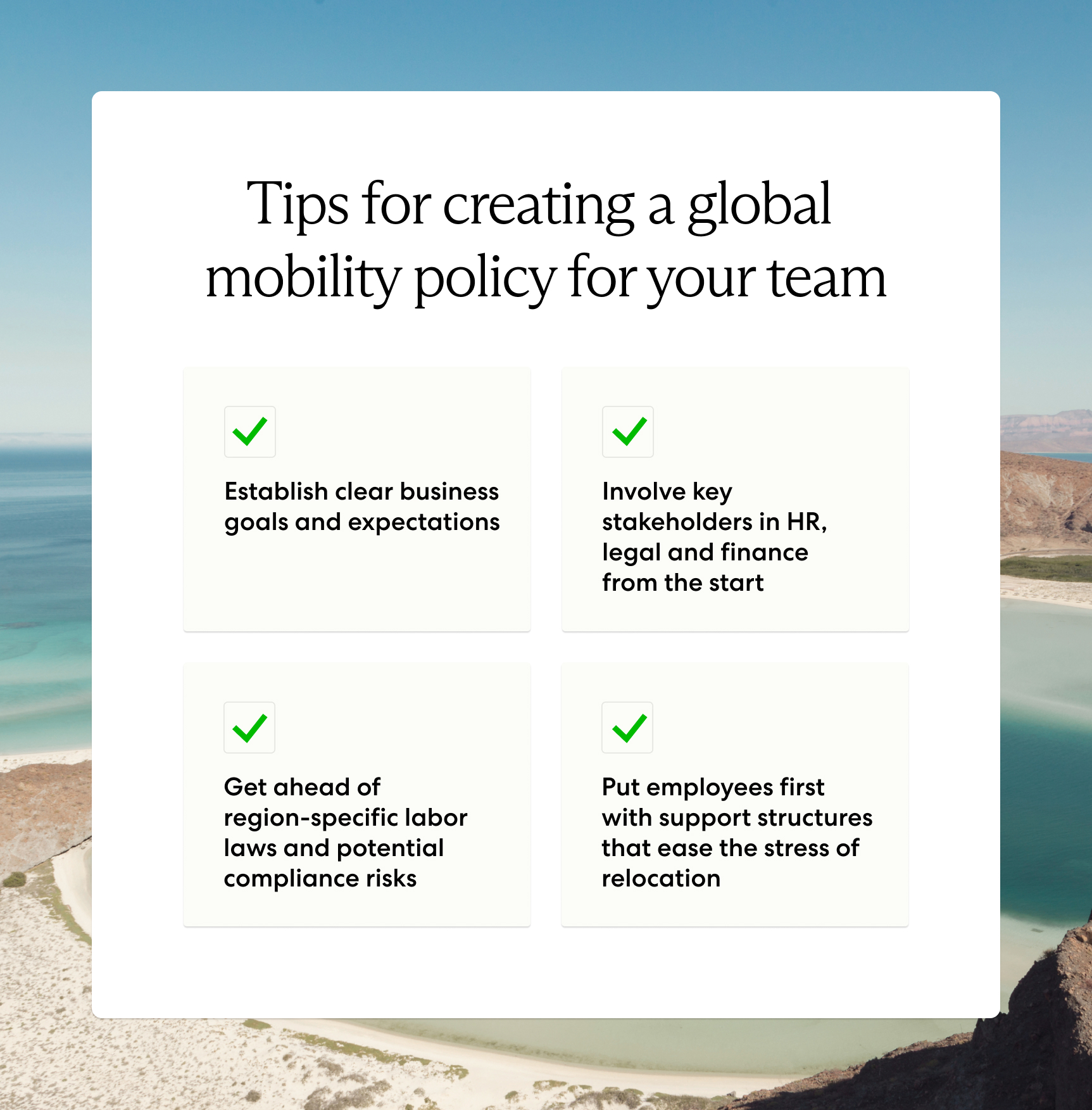 Chart listing tips companies should follow when creating a global mobility policy