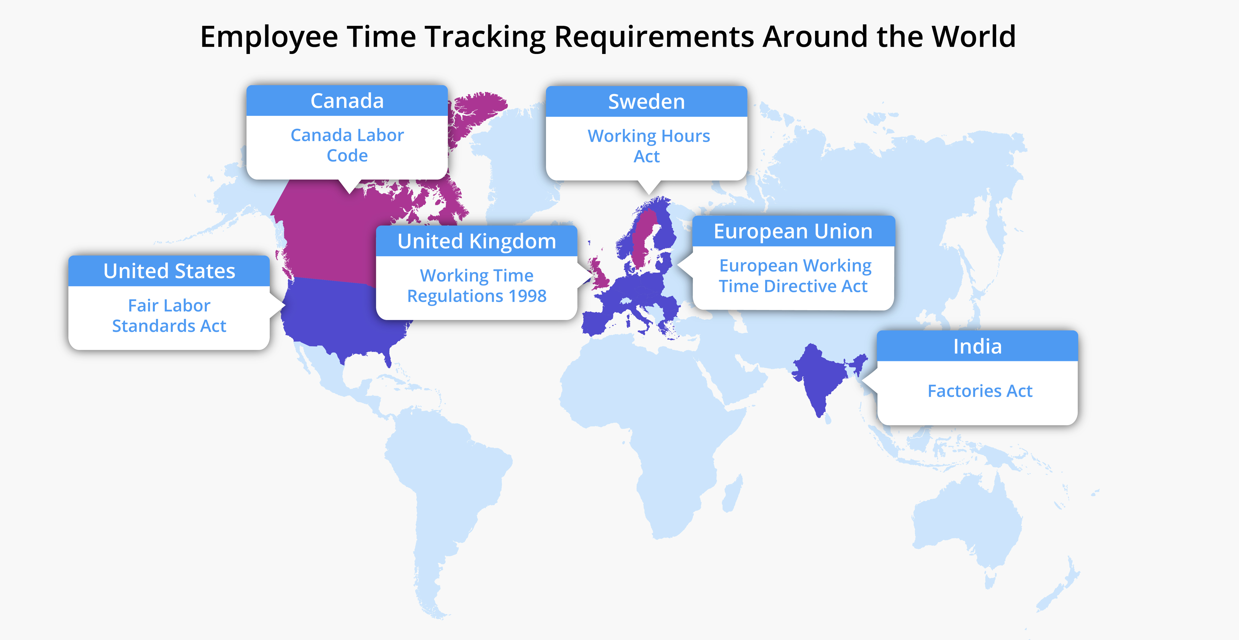 Illustrative map with the US, Canada, UK, Sweden, European Union and India highlighted with their employe time tracking laws