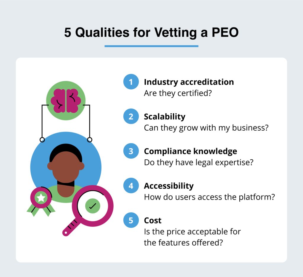 5 qualities for vetting a PEO: Industry accreditation, scalability, compliance knowledge, accessibility, cost.