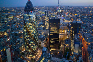 Aerial view of London’s financial district in the U.K. at dusk