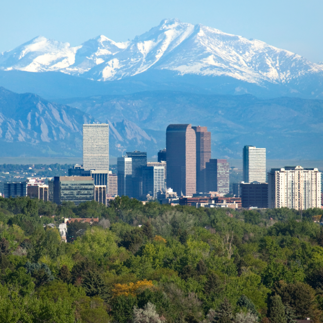Skyline view of high rises and mountain range in background