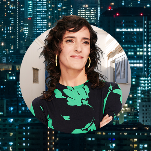 Woman with city background
