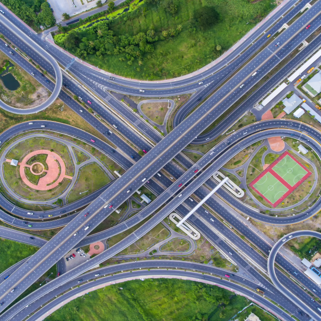 A bird's eye view of highway intersection and ramps