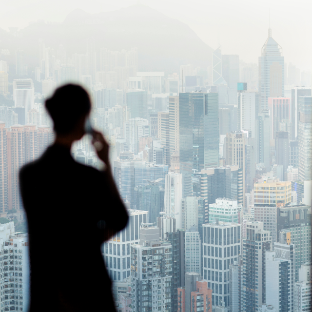 Silhouette of person looking out at a skyline view of buildings