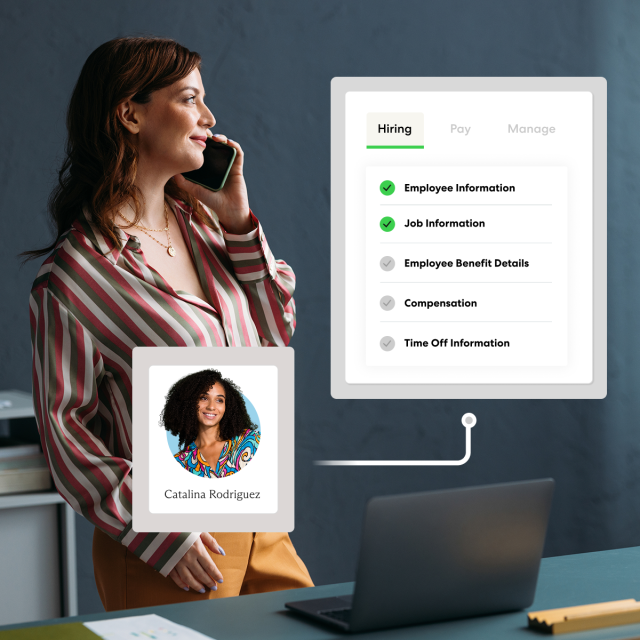 Employee profile module with woman on phone