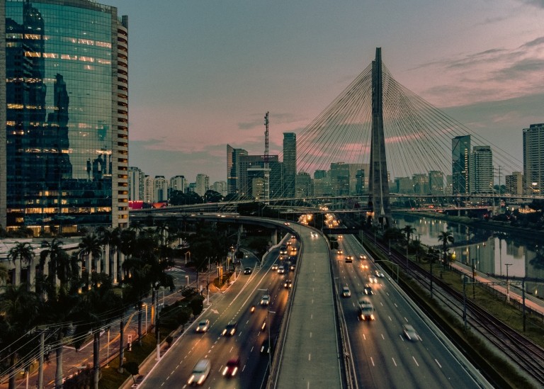 Freeway at night in a busy city