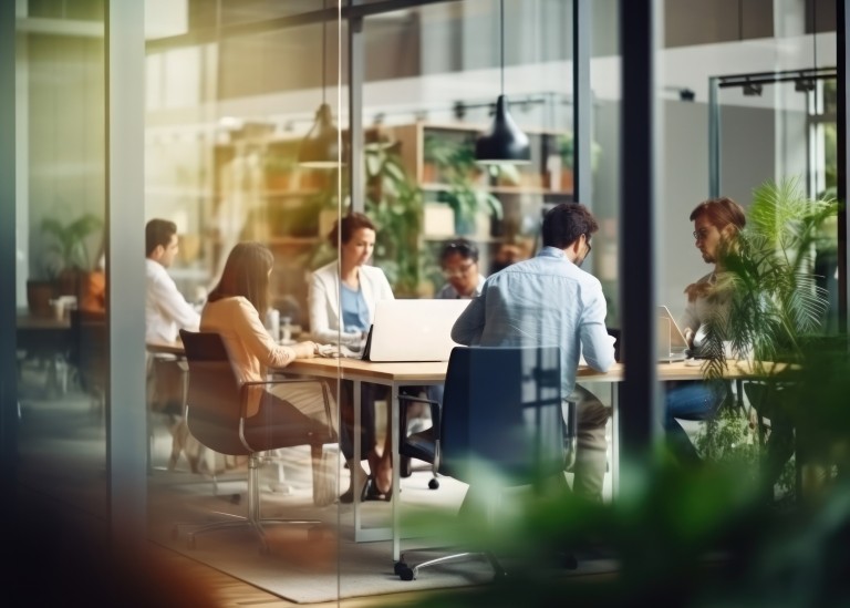 Remote employees and contractors working on their laptops around a conference room table in a co-working space