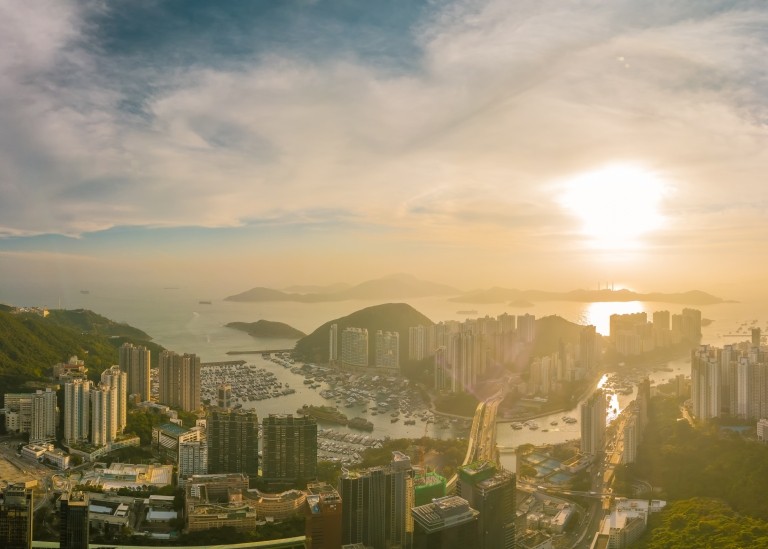 Sunset over Aberdeen island of Hong Konh