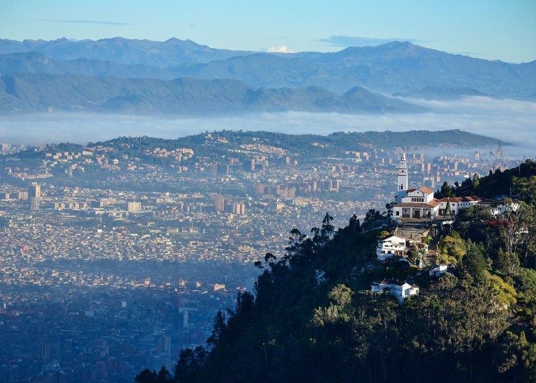 View of the Monserrate mountain peak in Bogota, Colombia.