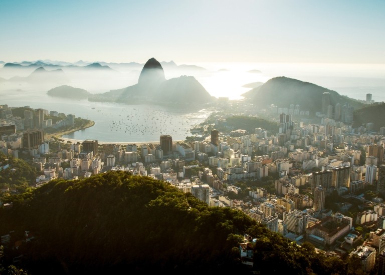 Aerial view of Rio de Janeiro, Brazil’s  Pau de Acucar under a cloudy sky 