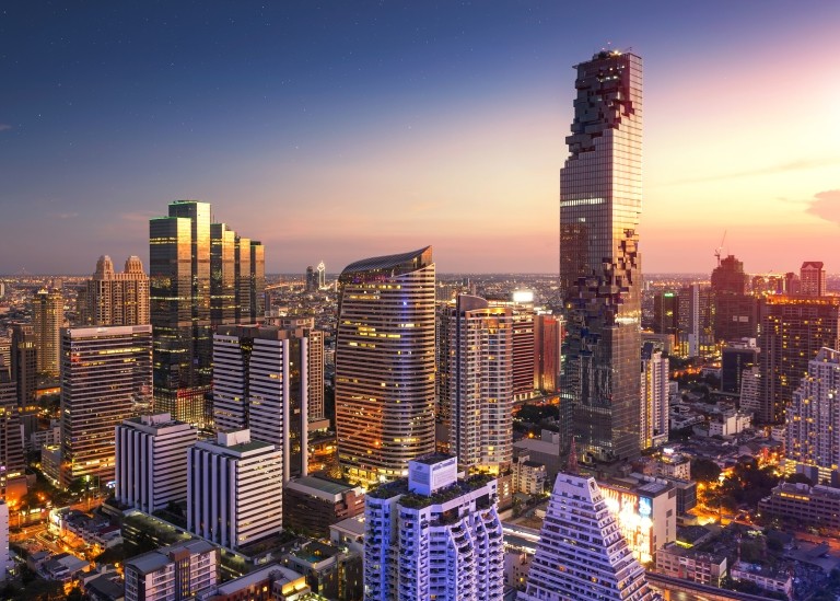 Central business district of Bangkok, Thailand featuring King Power Mahanakhon skyscraper