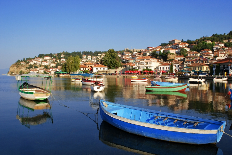 Ohrid North Macedonia harbor seen from the sea with boats
