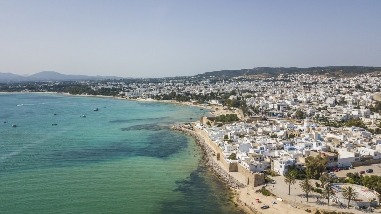 Aerial view of Hammamet Tunisia with the kasbah and Mediterranean