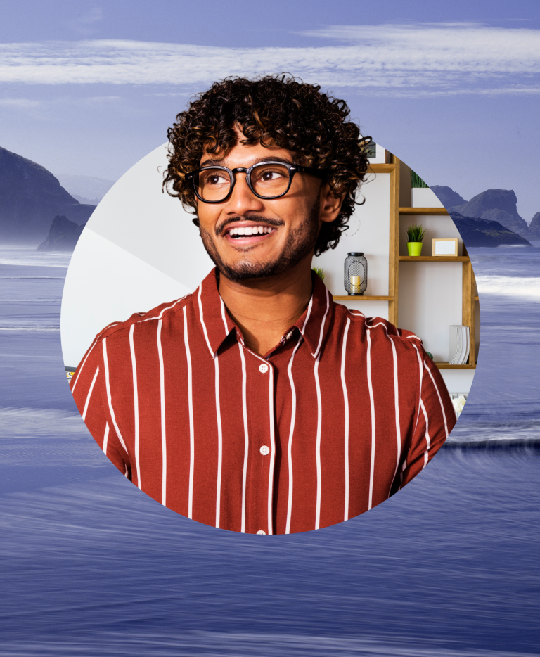 man looking into the distance ocean background