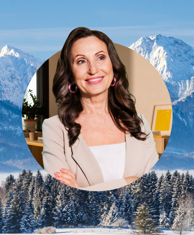 woman looking off-screen with mountains in background