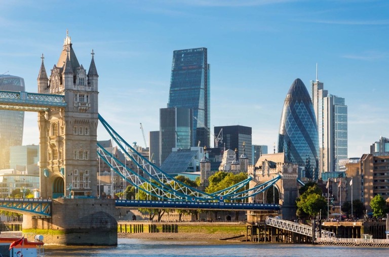 The financial district of London and the Tower Bridge.