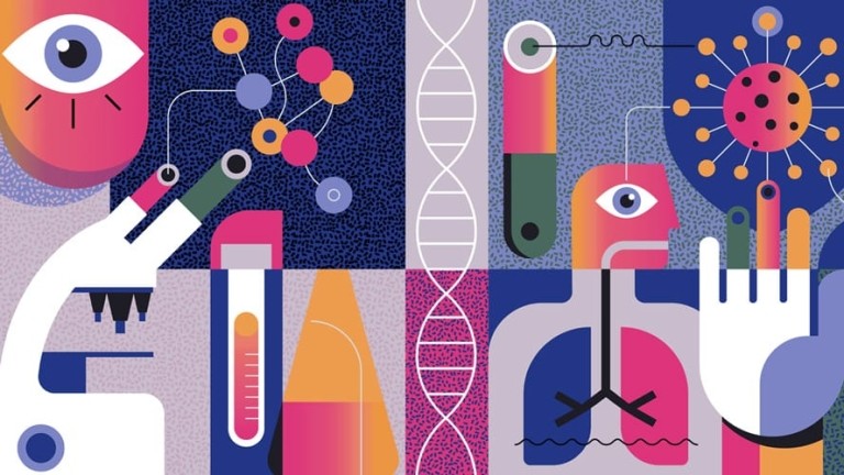 graphic of biotech assets including microscope and beaker