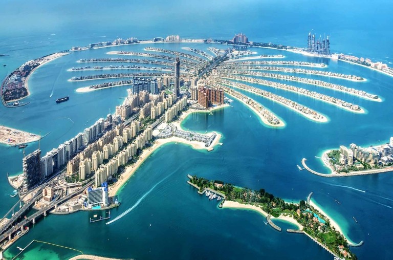 Aerial view of Dubai Palm Jumeirah island, United Arab Emirates