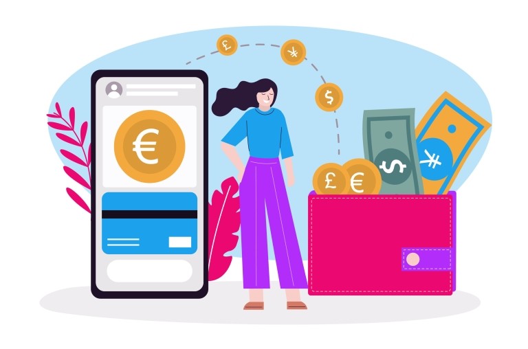 An illustration shows a woman with dark hair wearing a blue shirt and purple pants. Next to her is a phone showing a mobile wallet, and a wallet holding cash and coins.