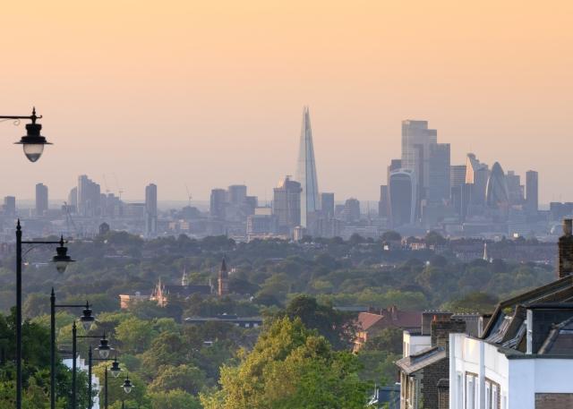 U.K. neighborhood looking over city skyline at sundown