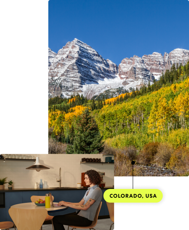 2 images overlayed. One with a worker in a shared office space, the other a mountain scene with the label Colorado