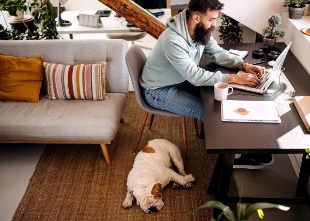 Man working on laptop with dog next to him