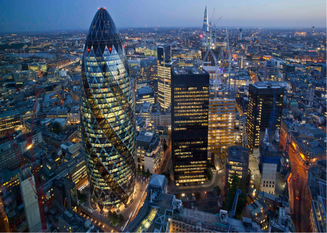Aerial view of London’s financial district in the U.K. at dusk