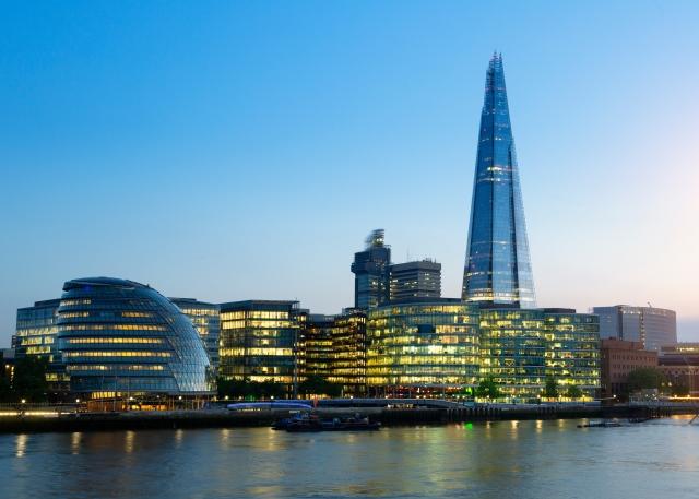 Close-up exterior view of The Shard and surrounding skyline in London, England, United Kingdom