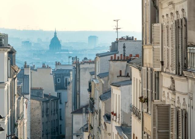 Neighborhood buildings of Pigalle overlooking Paris, France