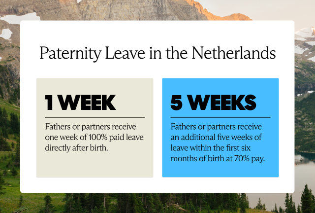 Paternity leave in The Netherlands is one week of fully paid leave directly following birth, plus five weeks of partially paid leave