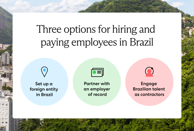 To hire in Brazil, global employers can set up a local entity, work with an EOR, or engage contractors.