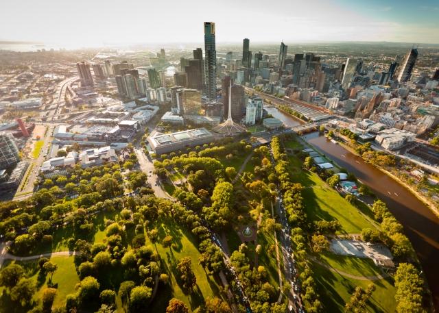 Aerial view of the Yarrah River in downtown Melbourne, Australia