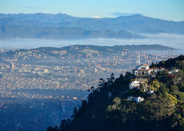 View of the Monserrate mountain peak in Bogota, Colombia.