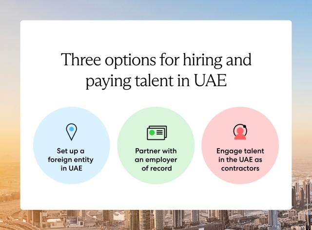 To hire talent in the UAE, global employers can set up a local entity, partner with an EOR, or engage contractors in the UAE.