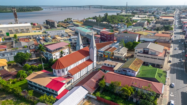 Aerial view of Paramaribo Suriname's Cathedral of St Peter and Paul