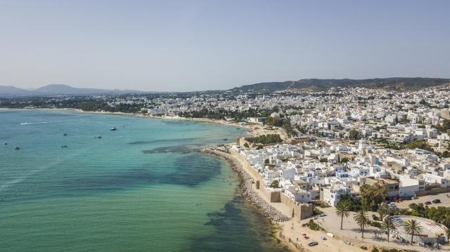 Aerial view of Hammamet Tunisia with the kasbah and Mediterranean