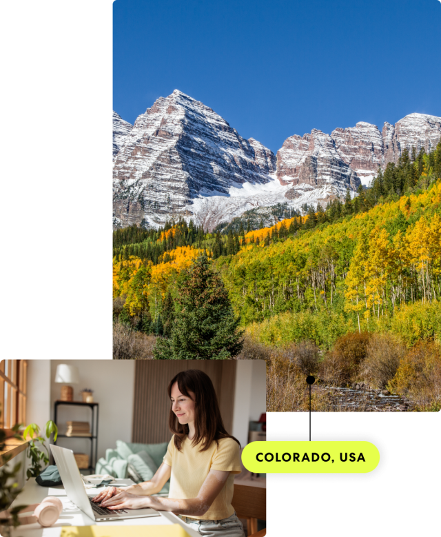2 images overlayed. One with a worker in a shared office space, the other a mountain scene with the label Colorado