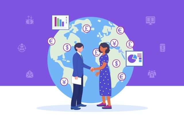 animated graphic of a large globe with dollar signs around it. Two business people shaking hands