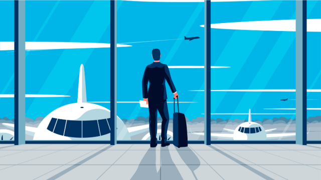 graphic of man watching planes fly out of airport representing business travel news