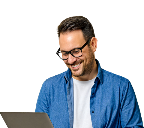 Man smiling on laptop